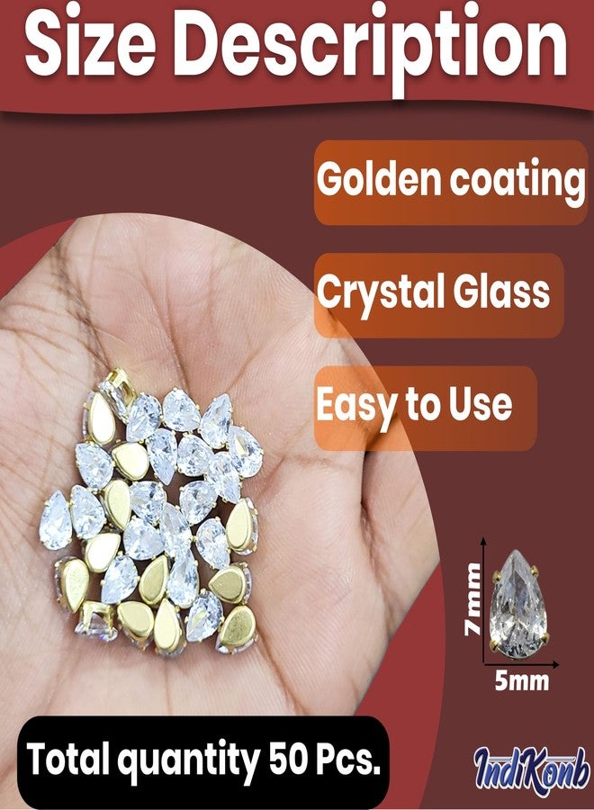 INDIKONB Sew On Rhinestones Kundan Stone Beads for Craft, Embroidery, Jewellery Making, Aari & Maggam Work | Stones for Dress & Bangle Decoration (Drop 5X7), Gold - Image 2